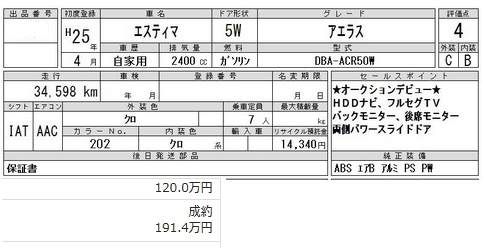 エスティマ仕入れ価格